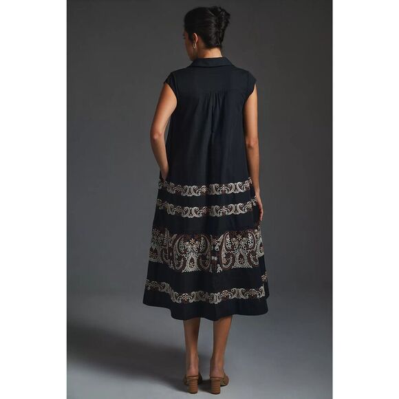 New Anthropologie Embroidered Midi Swing Black Shirt Dress Medium - Picture 6 of 13